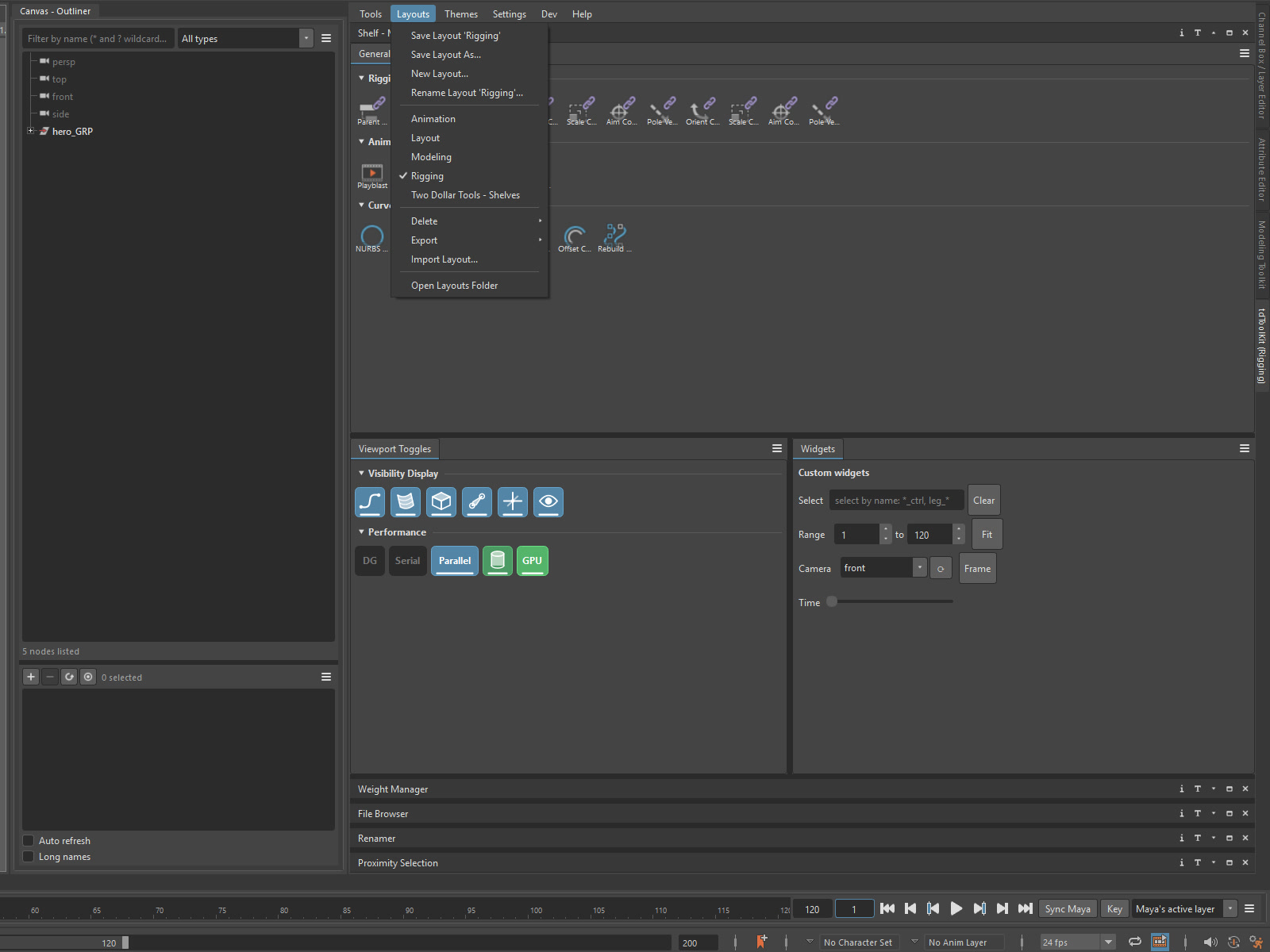 The Layouts menu open, with a saved rigging layout ticked.