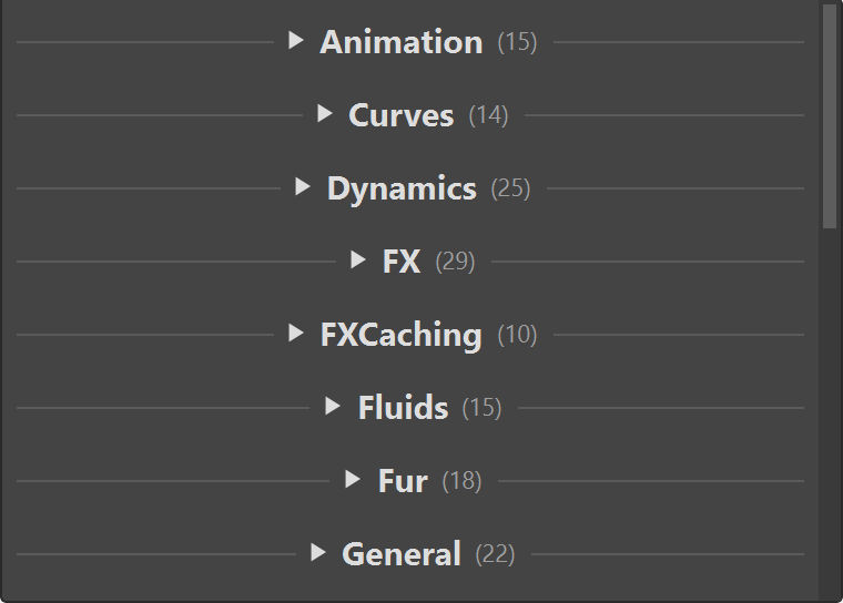 A shelf showing folding sections named Animation, Curves, Dynamics, FX, FXCaching, Fluids, Fur and General, each with its button count.