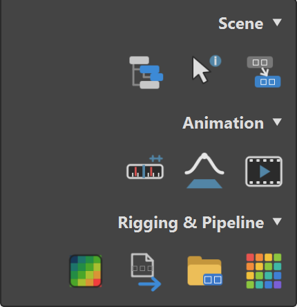 A shelf with sections named Scene, Animation and Rigging & Pipeline, each holding a row of tool icons.