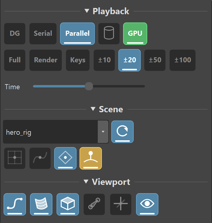 A shelf with sections named Playback, Scene and Viewport, holding evaluation buttons, frame range presets, a time slider, a reference list, snapping toggles and viewport display toggles.