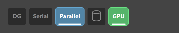 Five buttons: DG, Serial, Parallel, Cached Playback and GPU Override, with Parallel and GPU Override lit.