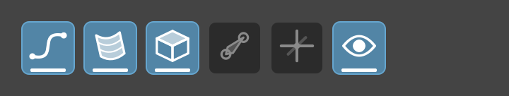 Six toggle buttons for NURBS curves, NURBS surfaces, polygons, joints, locators and all displays, with curves, surfaces, polygons and the display toggle lit.